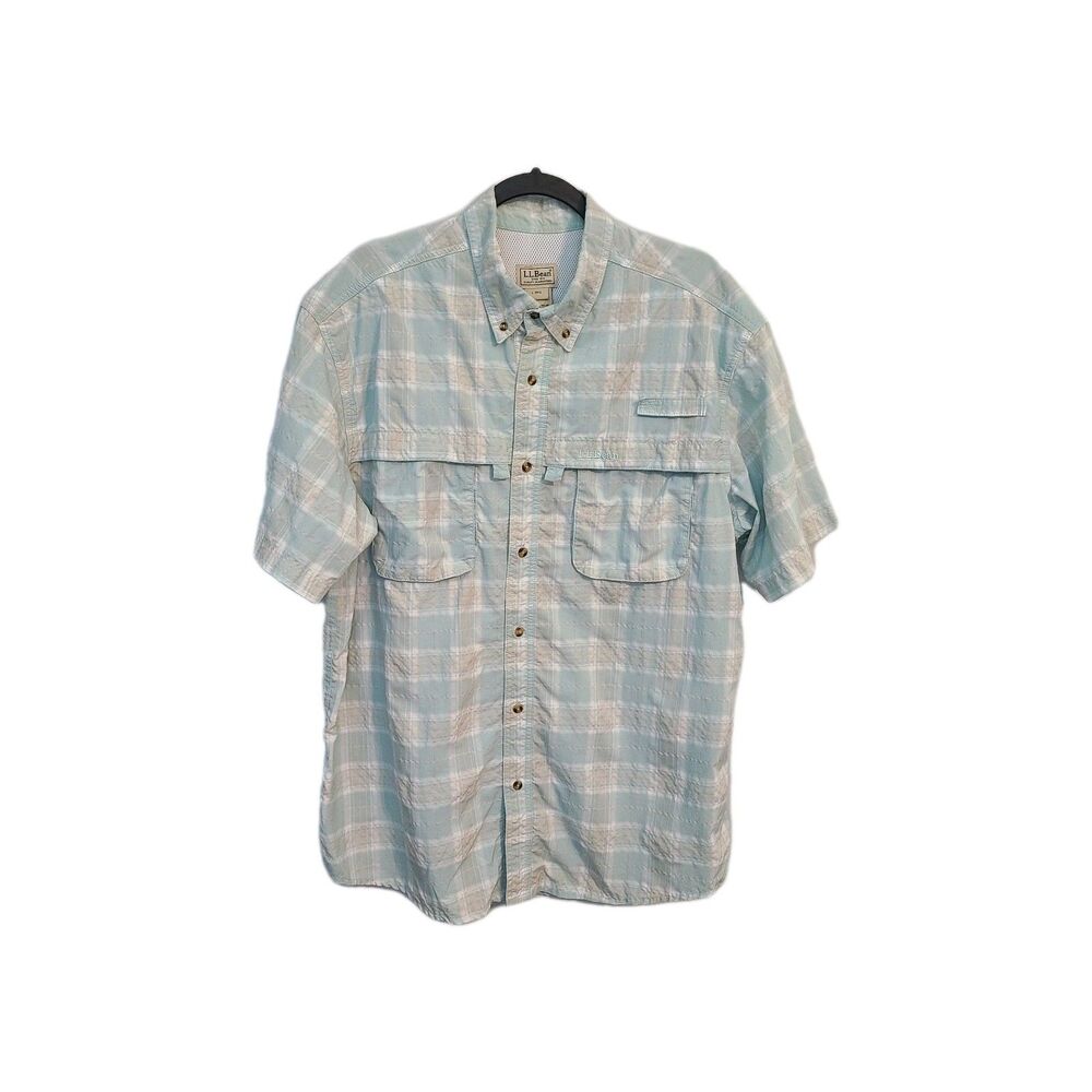 LL Bean Tropicwear Vented Fishing Shirt Plaid Seafoam Green Sz L Gorpcore Hiking